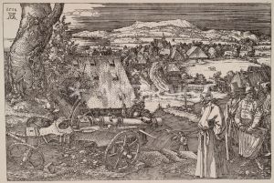 3-D4-T5 Duerer, Die grosse Kanone Duerer, Albrecht, 1471-1528. 'Die grosse Kanone', 1518. (Allegorische Darstellung der 'Tuerki- schen Gefahr' fuer die deutschen Lande, links eine Nuernberger Kanone, rechts ein tuerk. Pascha mit Gefolge. Im Hin- tergrund der Ehrenbuerg (od. Walberla), Huegel in der Fraenkischen Schweiz).- Eisenradierung, 217 x 322 mm. E: The Cannon / Duerer / 1518 Duerer, Albrecht 1471-1528. - 'The Cannon', 1518. - Steelplate engraving, 217 x 322mm.